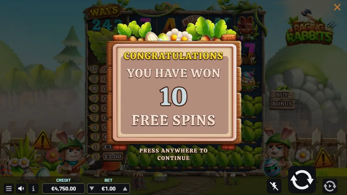 Raging Rabbits slot game interface featuring cartoon rabbits on a battlefield