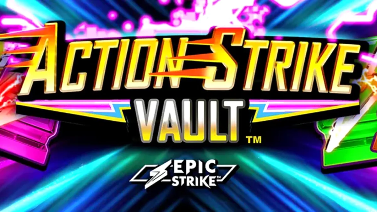 Tampilan visual slot Action Strike Vault dengan nuansa neon dan kosmik