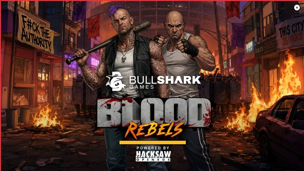 Tampilan visual slot Blood Rebels dengan tema urban dan simbol senjata jalanan
