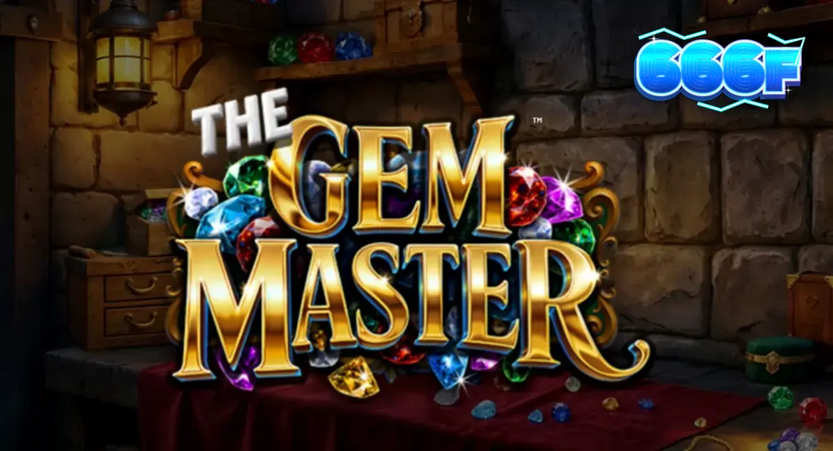 Tampilan layar permainan slot The Gem Master dengan simbol permata berkilau dan latar belakang bengkel perhiasan.